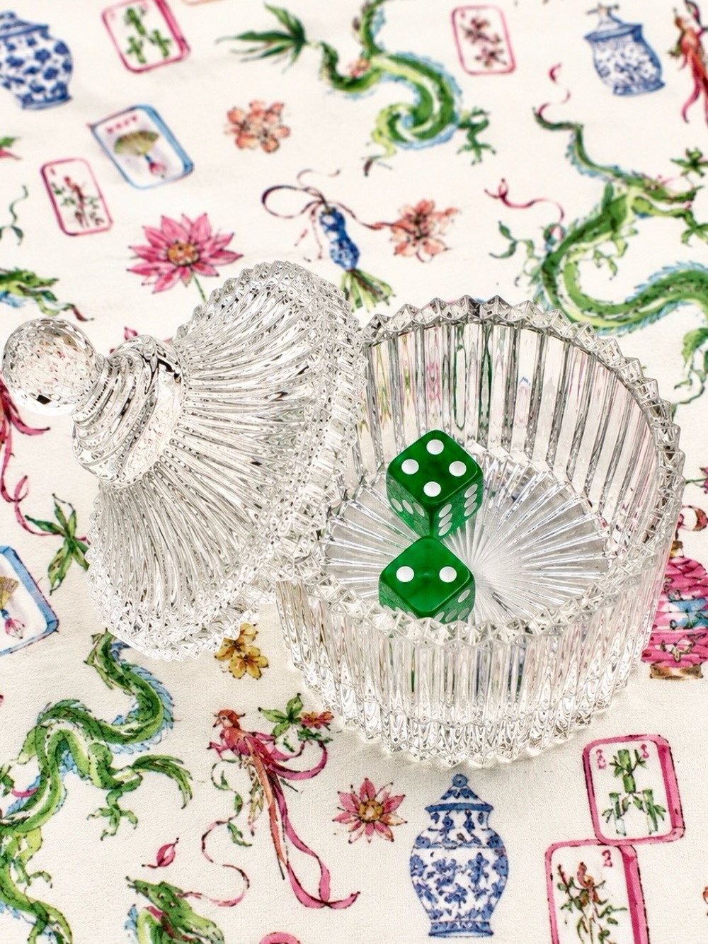 Mahjong Tiles Crystal Vintage glass style Dice Dish with Lid Pagoda